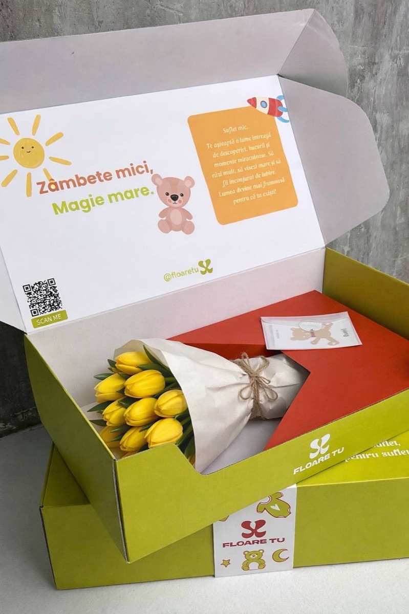Baby gift box with a teddy bear and flowers