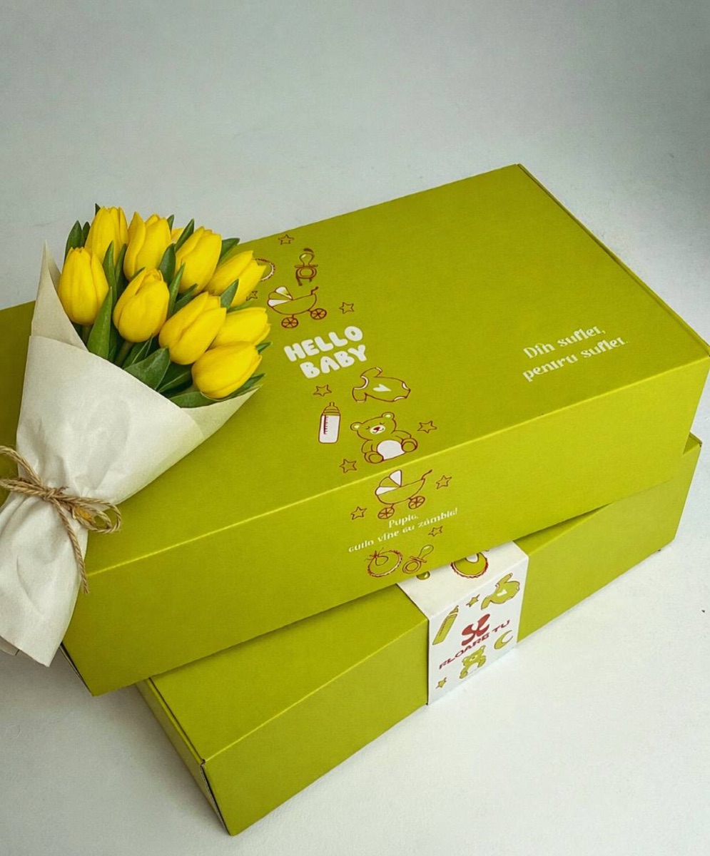 Baby gift boxes with yellow tulips