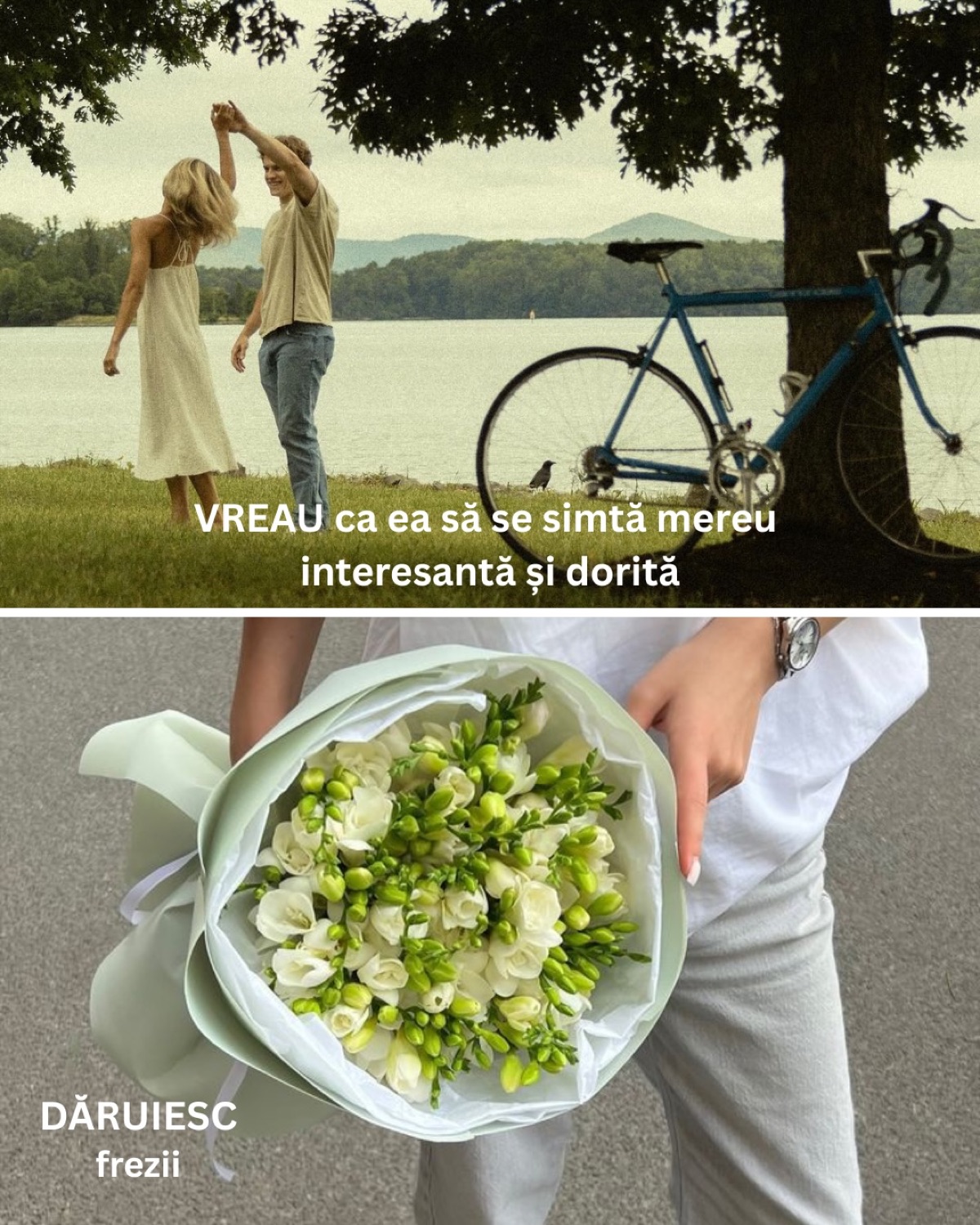 Cuplu dansând cu buchet de frezii